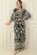 Front and Back V-Neck Crop Top, Elastic Waistband, Pocketed Palazzo Pants, Heart Patterned 2-Piece Set