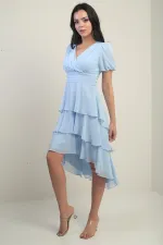 Kadın Kruvaze Yaka Arkası Fermuarlı Katkat Pileli Şifon Elbise