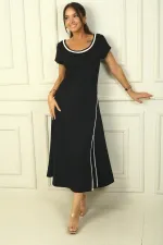 Women's Long Slit Plunge Dress with Piping