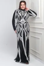 Women's High Neck Sequin Embellished Lined Plus Size Long Dress