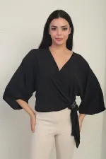 Kadın Kruvaze Yaka Kısa Ayrobin Bluz