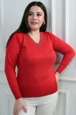 Women's V-Neck Front Stoned Cold Yarn Plus Size Knitwear Blouse