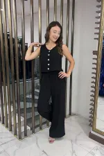 Kadın V Yaka Önü Düğmeli Bluz Beli Lastikli Cepli Palazzo Pantolon Ayrobin 2'li Takım