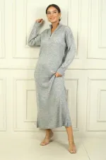 Round Neck, Zip-Up Long Sleeve Knitted Dress