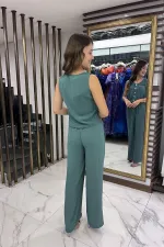 Kadın V Yaka Önü Düğmeli Bluz Beli Lastikli Cepli Palazzo Pantolon Ayrobin 2'li Takım