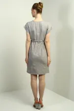 Women's Half-Front Button-Down, Drawstring Waist, Embroidered Dress