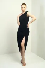 Kadın Kendinden Telalı Önü Yırtmaçlı Midi Elbise