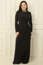 Robe longue hijab grande taille avec col et côtés ornés de pierres, doublée et froncée