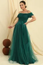 Yakası Ve Kolları Fırfırlı Kuşaklı Astarlı Uzun Tül Elbise