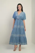 Women's Wrap Neckline Back Lace-Up Elastic Waist Batwing Sleeve Embroidered Long Dress