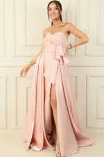 Front Draped, Pocketed, Lined Organza Satin Strapless Long Evening Dress