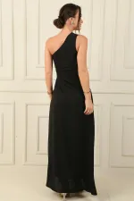 Kadın Tek Omuz Yan Pencere Detaylı Uzun Krep Saten Elbise