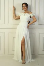 Robe longue en mousseline pour femme, ornée d'un décolleté floral découpé au laser, doublée et ceinturée à la taille.