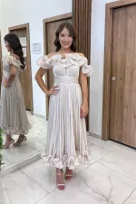 Kadın İnce Askılı Astarlı Volan Detaylı Pileli Şifon Midi Elbise