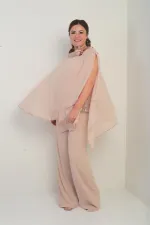 Cape en satin à col et doublure à sequins pour femme, chemisier sans manches, pantalon palazzo, ensemble 3 pièces en mousseline doublée grande taille