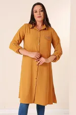 Button-Front Truvakar Sleeve Plus Size Ayrobin Long Tunic with Pearl Details