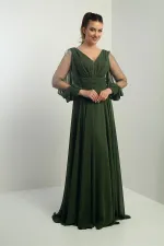 Ön Arka V Yaka Önü Drapeli Kolları Tül Astarlı Geniş Beden Aralıklı Uzun Şifon Elbise