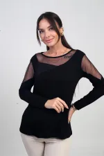 Women's Asymmetrical Leather Detailed Tulle Lycra Strawberry Blouse