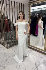 Women's Stoned Thin Strap Low Sleeve Satin Madonna Collar Lined Draped Double Fishtail Dress