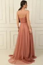 Önü Drapeli Taş Detaylı Astarlı Uzun Tül Abiye Elbise