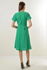 Double-Breasted Pleated Waist Belted Aerobin Dress