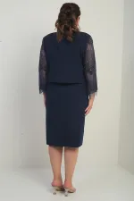 Kadın Kruvaze Yaka Beli Drapeli Elbise Kolları Tül Ceket Astarlı Pul Detaylı Büyük Beden 2'li Takım