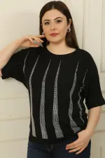 Kadın Piramit Taşlı Kısa Kollu Büyük Beden Bluz