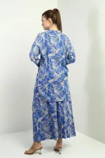 Women's Side Slit Tunic Shirt, Elastic Waist Pocketed Palazzo Pants, Leaf Pattern Oversize 2-Piece Set