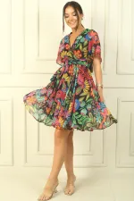 Fresh Pattern Chiffon Short Dress with Double Breasted Collar, Flounce Sleeves, Lined Waist Belt