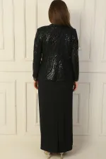 Yarım Ay Kollu Uzun Elbise Boncuk Pul Nakışlı Tül Ceket Astarlı Büyük Beden 2'li Takım