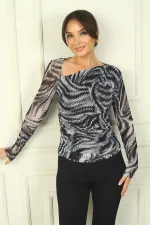 Women's Asymmetrical Neckline, Gathered Waist, Snake Pattern Tulle Blouse