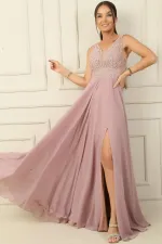 Ön Arka V Yaka Üst Boncuklu Çiçek Motifli Astarlı Uzun Şifon Abiye Elbise