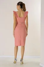 Askıları Fırfırlı Glop Detaylı Astarllı Beli Kemerli Krep Elbise