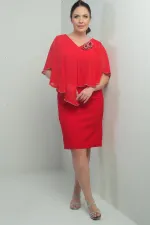 Kadın Ön Arka V Yaka Üstü Şifon Taş Detaylı Güllü Büyük Beden Krep Kısa Elbise