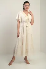 Women's V-Neck Front Tasseled Lined Long Lace Dress