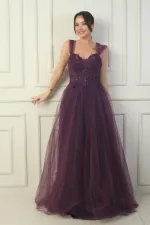 Robe de soirée princesse pour femme, décolleté en V devant et dos, manches tombantes doublées et broderie appliquée sur le haut