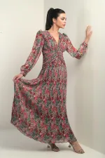 Robe longue en mousseline plissée à col en V doublée et à motifs floraux pour femme