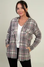 Kadın Kapüşonlu Ekose Desenli Metal Düğmeli Cepli Gömlek
