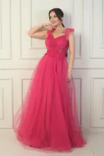 Robe de soirée princesse pour femme, décolleté en V devant et dos, manches tombantes doublées et broderie appliquée sur le haut