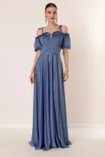 Long Dress with Pleated Neckline, Balloon Sleeves, Lined, and Glittery Embellishments.