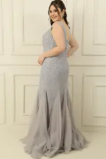 Front and Back V-Neck Stone Embellished Back Tie Lined Plus Size Long Dress