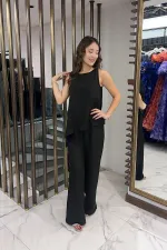 Kadın  Toka Detaylı Eteği Asimetrik Bluz Beli Lastikli Cepli Palazzo Pantolon Keten 2'li Takım