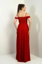 Kadın İp Askılı Eteği Kloş Astarlı Uzun Simli Elbise