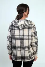 Chemise à capuche pour femme, motif à carreaux, poches à boutons métalliques