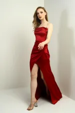 Women's Shiny Strappy Deep Slit Front Gathered Pleated Long Satin Evening Dress