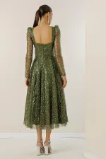 Square Neck Long Sleeve Lined Sequin Beaded Dress