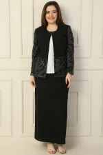 İçi Yarım Ay Kol Bluz Pul NakışişlemeBoncuk Detaylı Ceket Etek Astarlı Büyük Beden 3'lü Takım