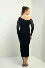 Kadın Kristal Tül Kollu Beli Büzgülü Uzun Elbise