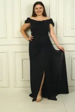 Kadın Düşük Kol Önü Drapeli Yanı Mendilli Astarlı Brayt Simli Uzun Büyük Beden Abiye Elbise