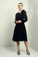 Robe midi en mousseline doublée à manches longues et détails floraux pour femme